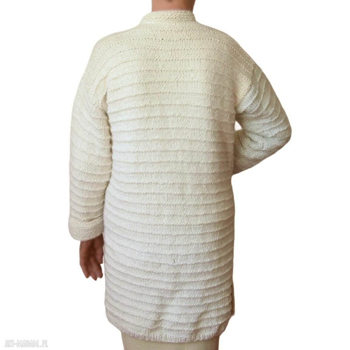 Elegancki sweter kardigan handmade asymetryczny - kremowo-szary z kieszeniami