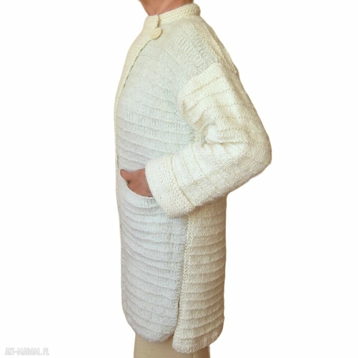 Elegancki sweter kardigan handmade asymetryczny - kremowo-szary z kieszeniami