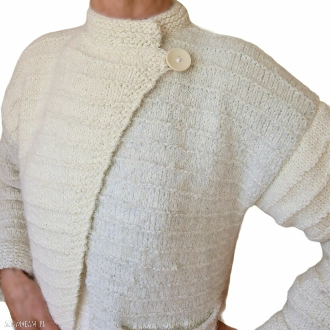 Elegancki sweter kardigan handmade asymetryczny - kremowo-szary z kieszeniami