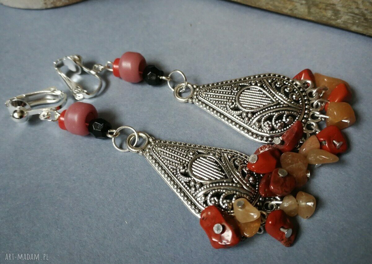 Długie, eleganckie klipsy boho folk - kolorowa biżuteria na klips