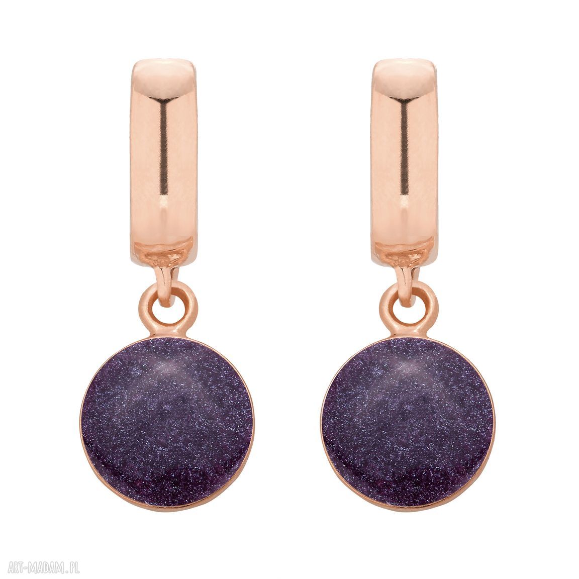 Kolczyki fioletową żywicą różowego złota wiszące okrągłe ż