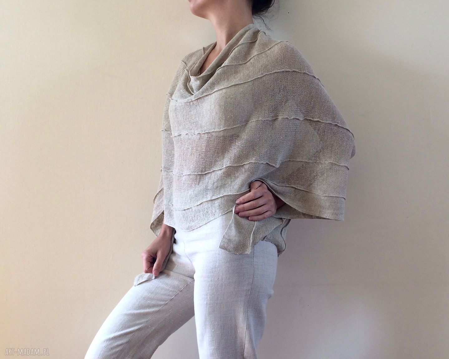 Eleganckie lniane ponczo w naturalnym kolorze - rękodzieło 100% lnu
