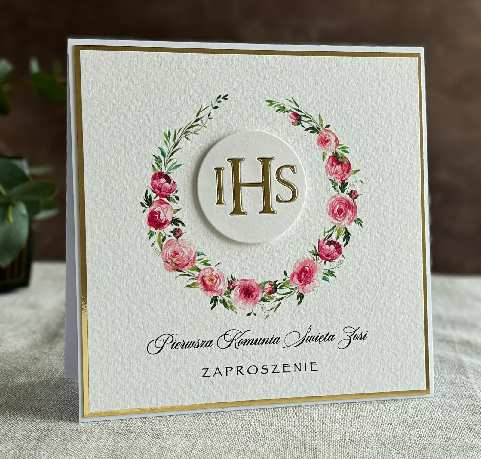 Eleganckie zaproszenia komunijne - wzór 28E biel i złoto
