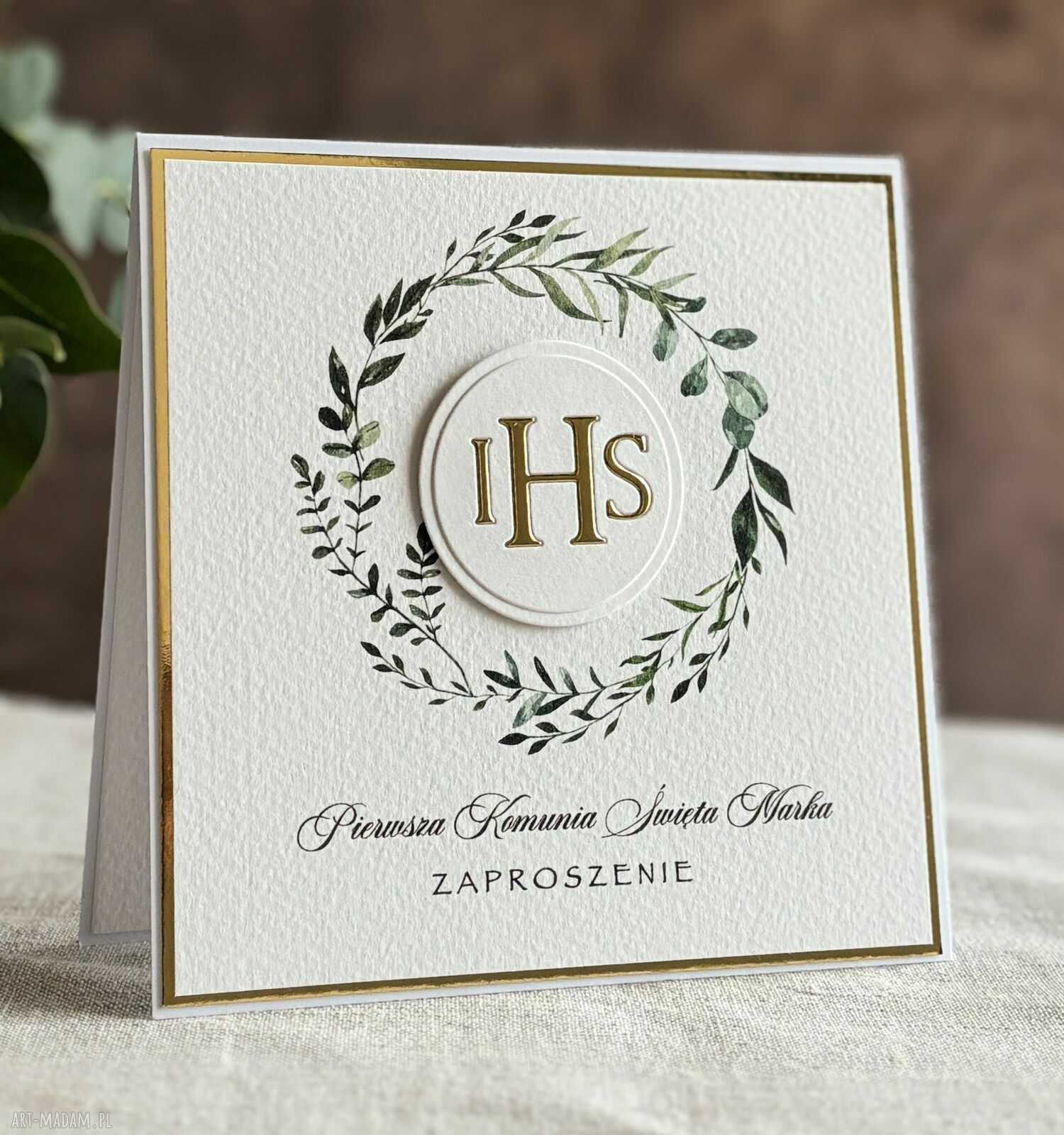 Eleganckie zaproszenia komunijne wzór 3B - biało-złote 14x14 cm, personalizowane