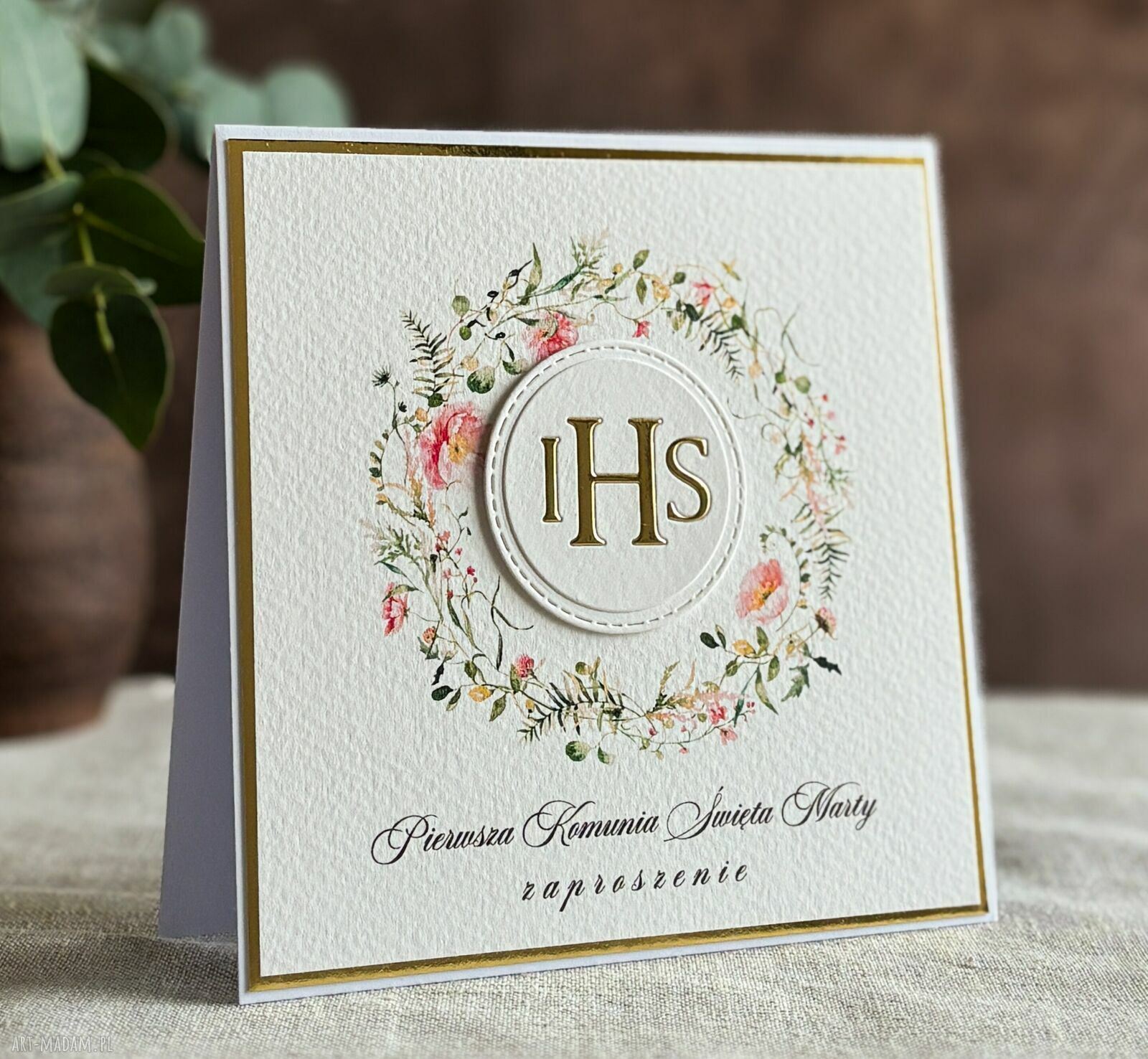 Eleganckie zaproszenia komunijne wzór 48C - biel i złoto, personalizowane