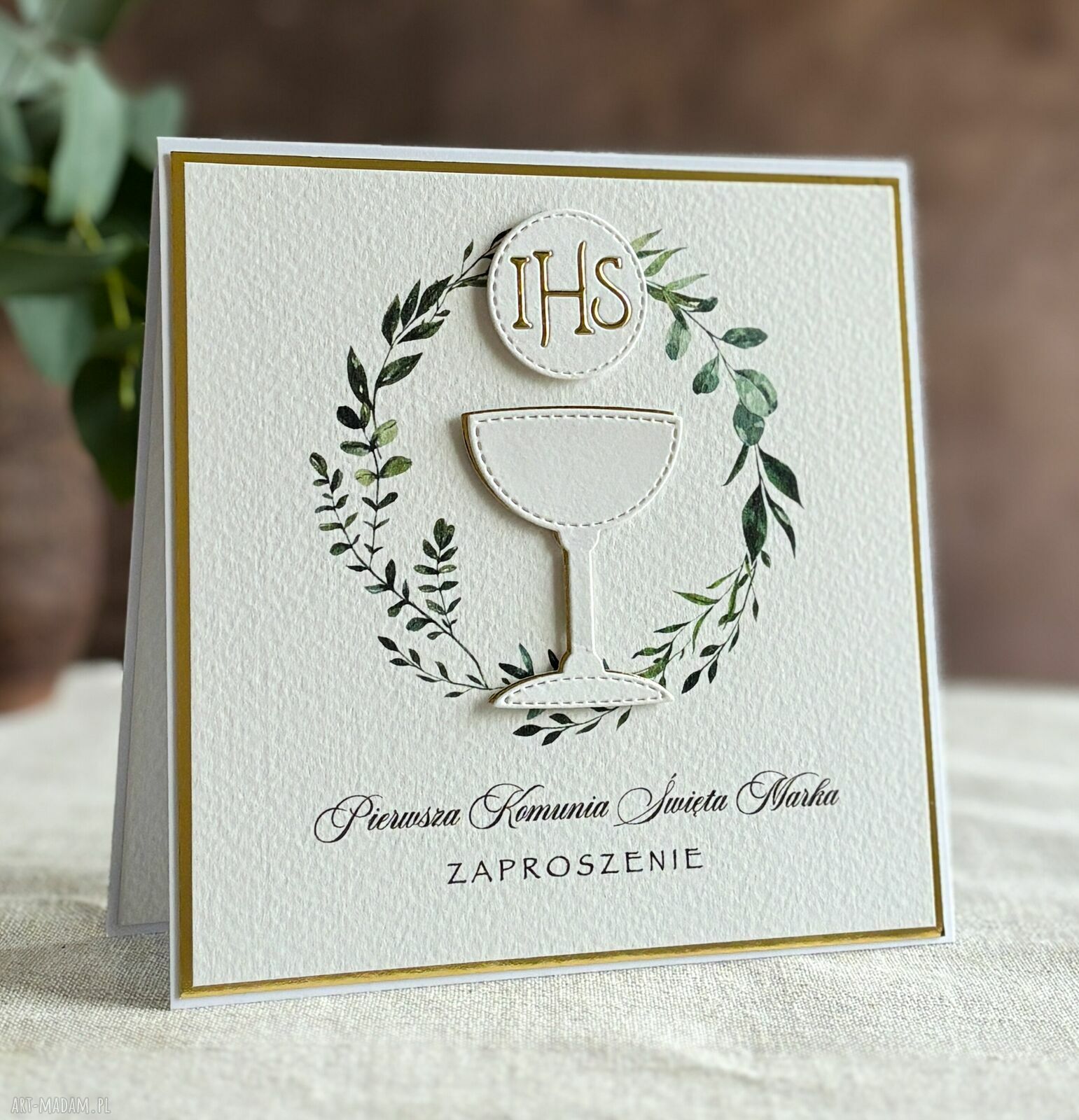 Eleganckie zaproszenia komunijne wzór 3A (biało-złote)
