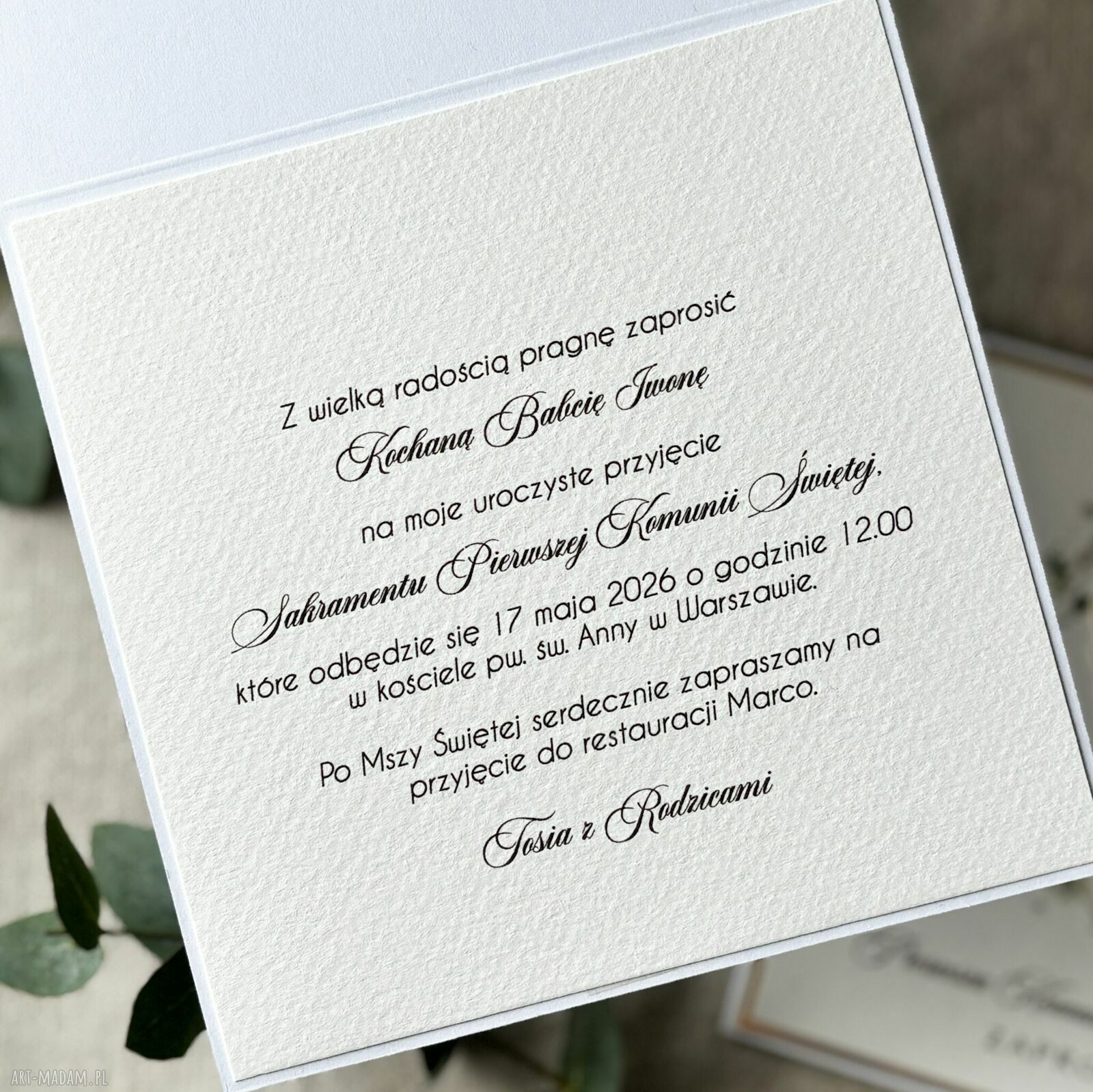 Eleganckie zaproszenia komunijne wzór 18C - białe i złote, personalizowane