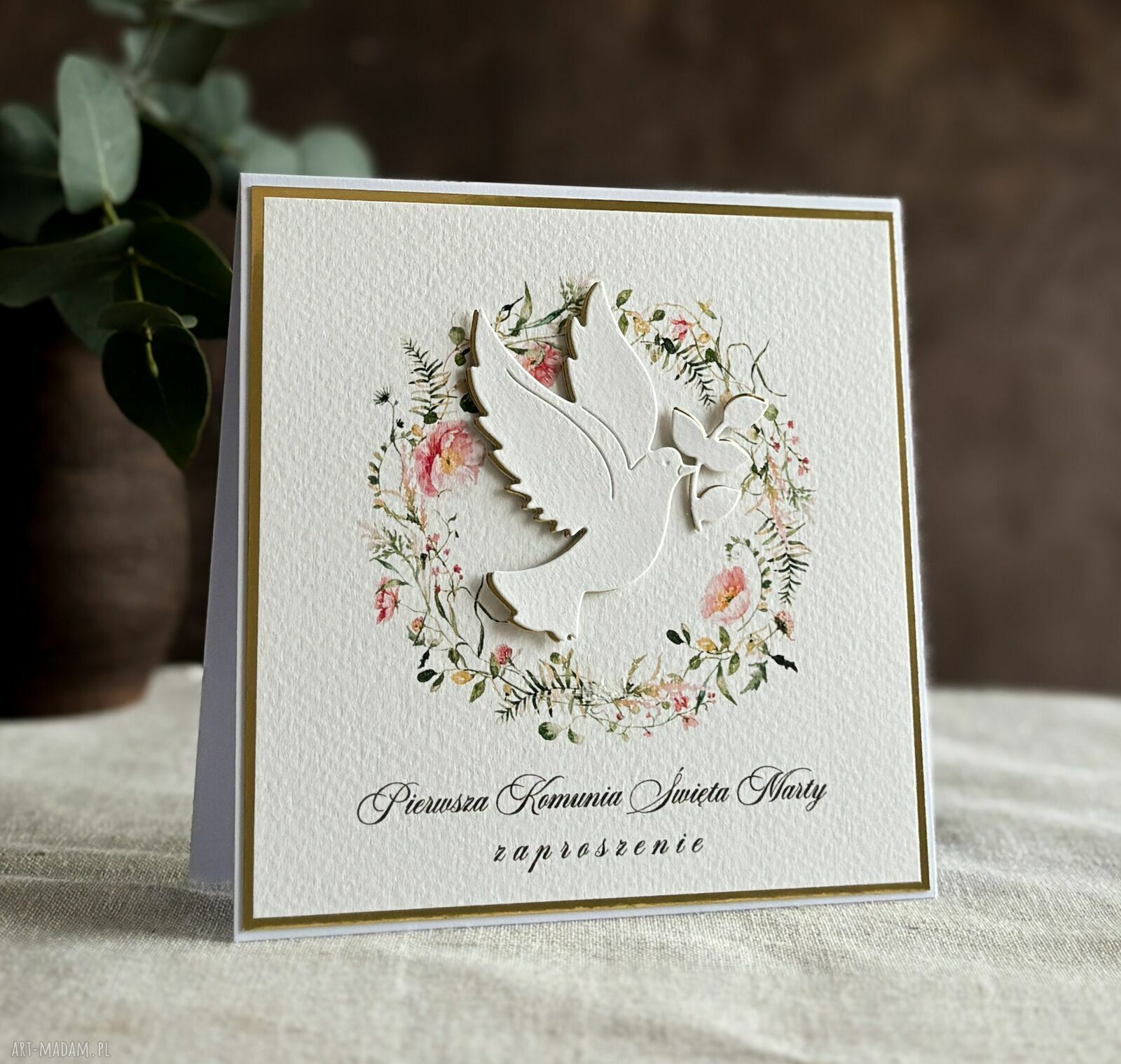 Eleganckie zaproszenia komunijne wzór 48B (białe i złote) - personalizowane