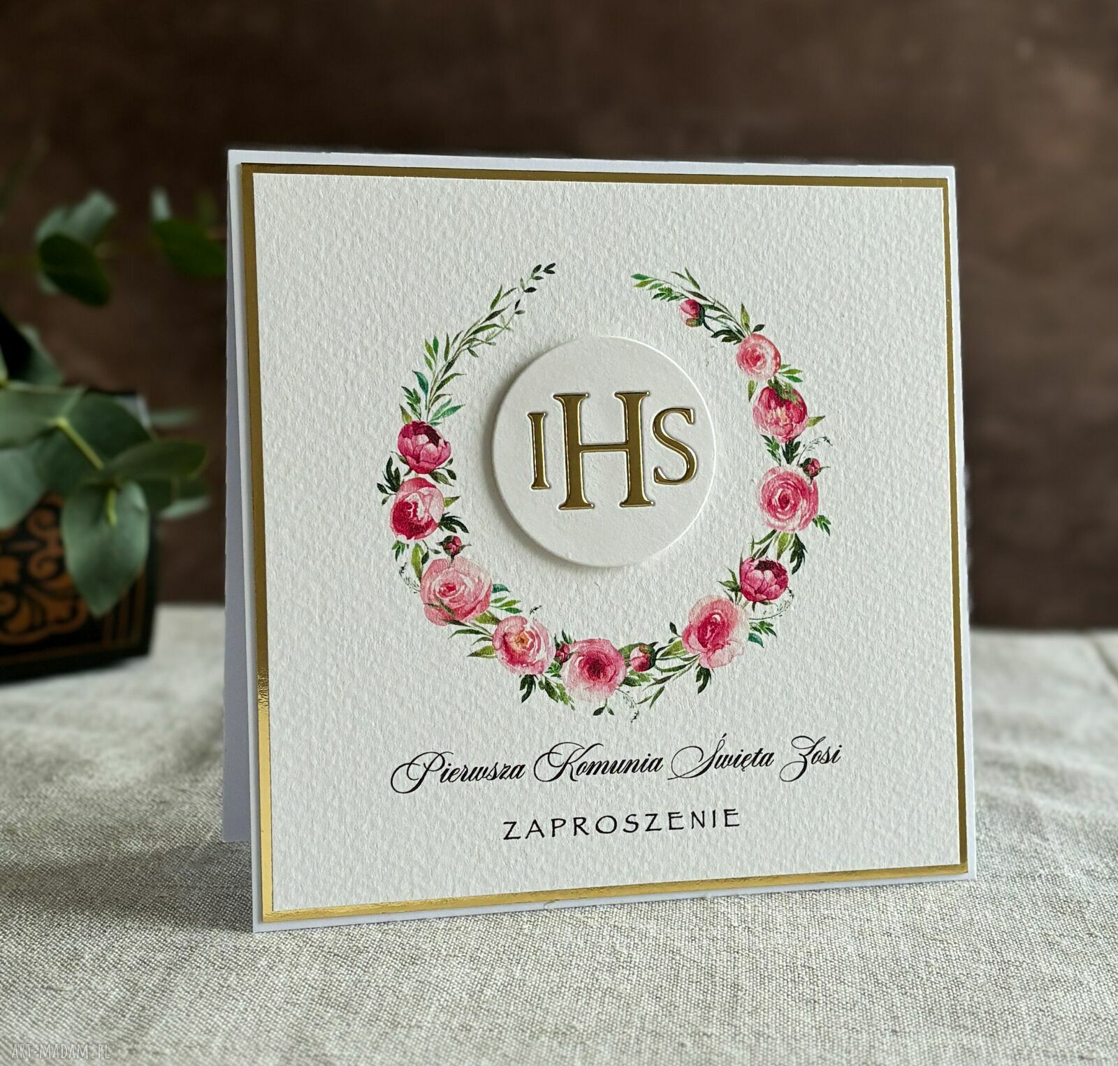 Eleganckie zaproszenia komunijne - wzór 28E (biel i złoto)