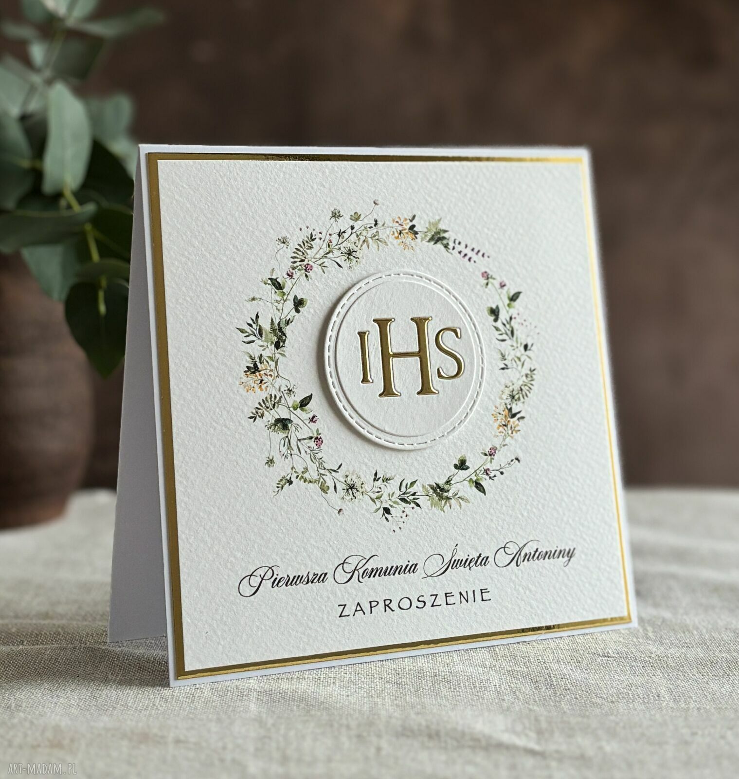 Eleganckie zaproszenia komunijne wzór 18C - białe i złote, personalizowane