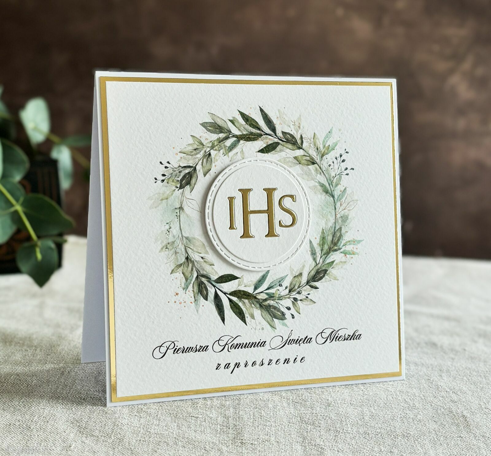 Eleganckie zaproszenia komunijne - wzór 73C (białe i złote, personalizowane)