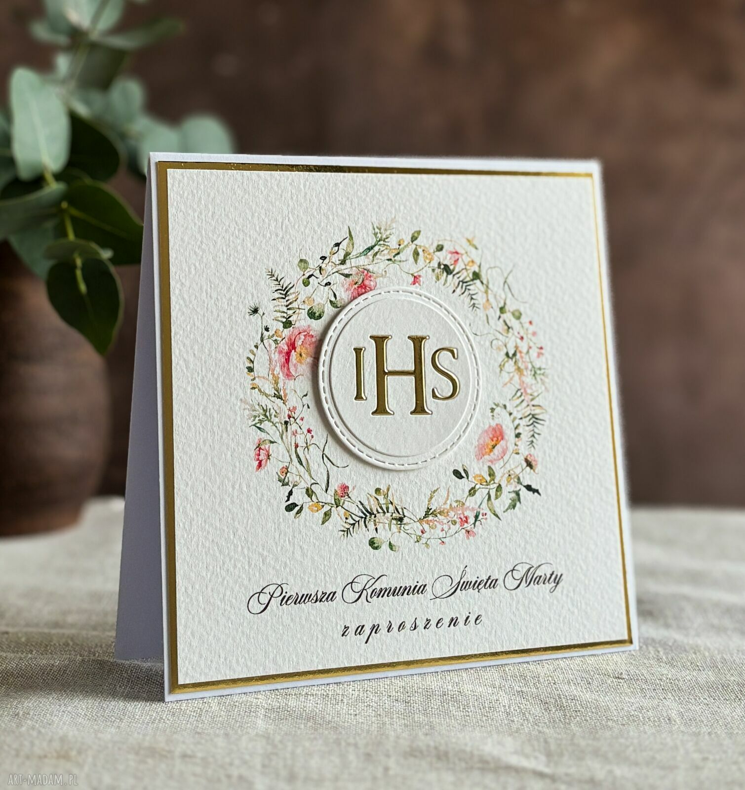 Eleganckie zaproszenia komunijne wzór 48C - biel i złoto, personalizowane