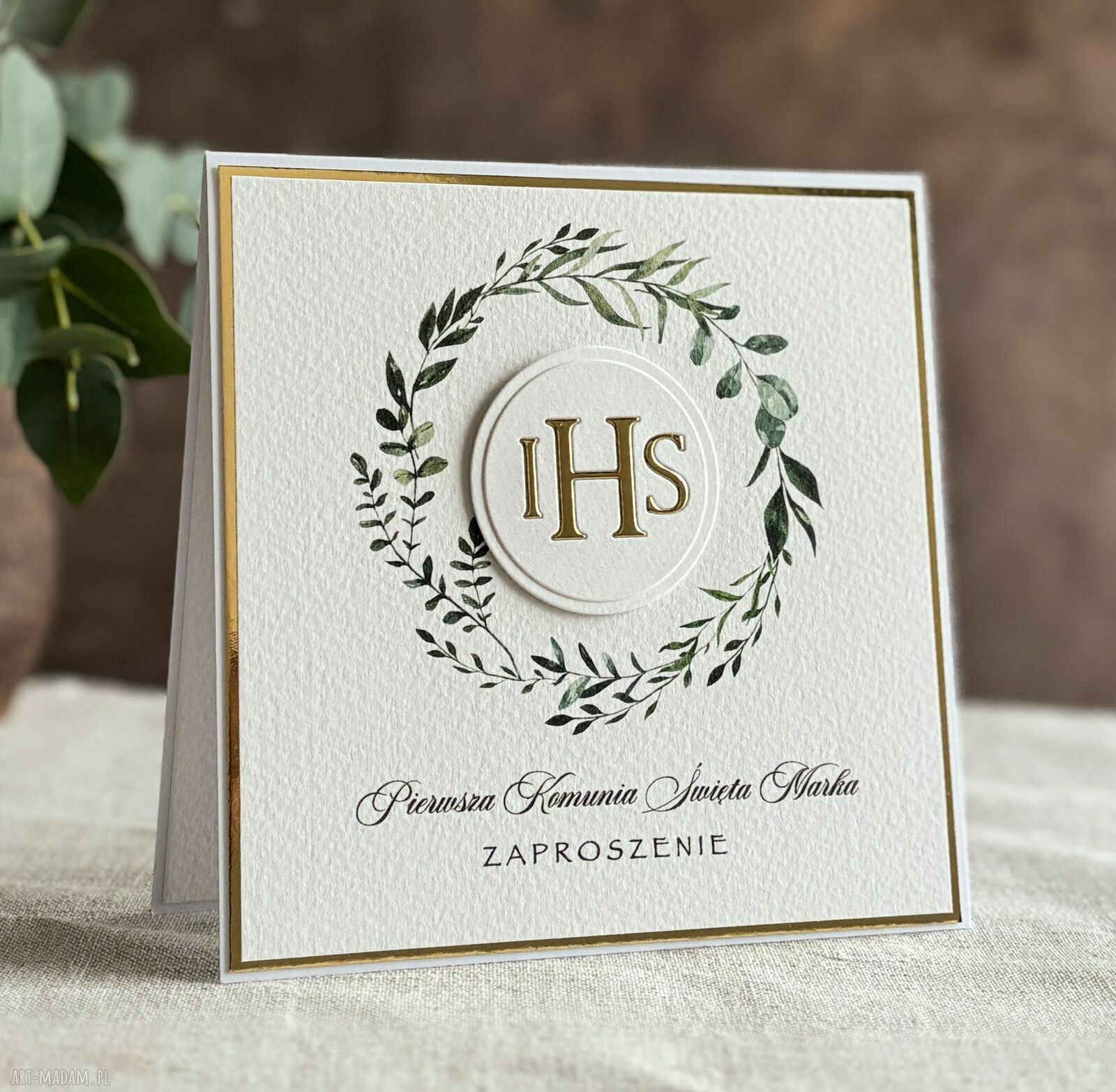 Eleganckie zaproszenia komunijne wzór 3B - biało-złote 14x14 cm, personalizowane