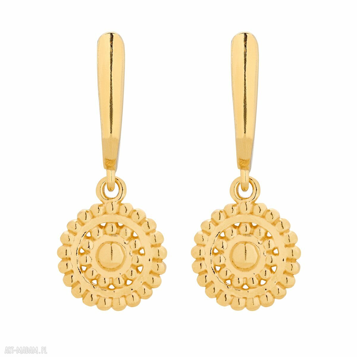 Złote kolczyki rozetami rozety okrągłe medaliony wiszące