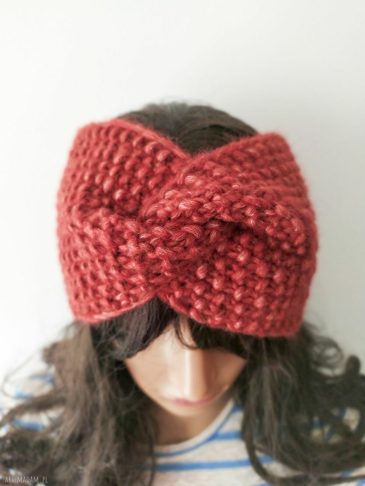 Elegancka opaska turban na zimę z wełny alpaki - czerwona handmade