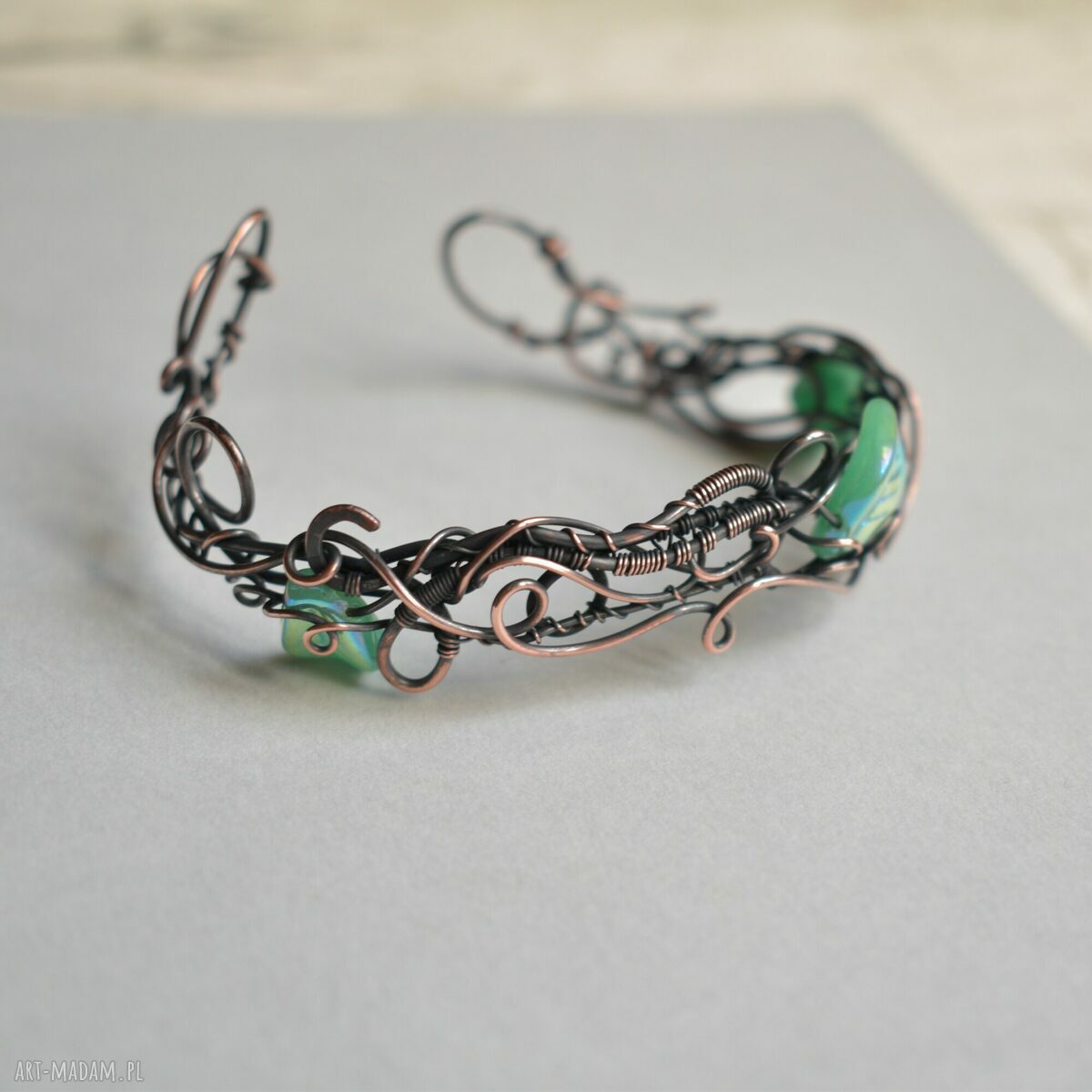 Bransoletka boho Elf ze szklanymi listkami - miedź wire wrapping