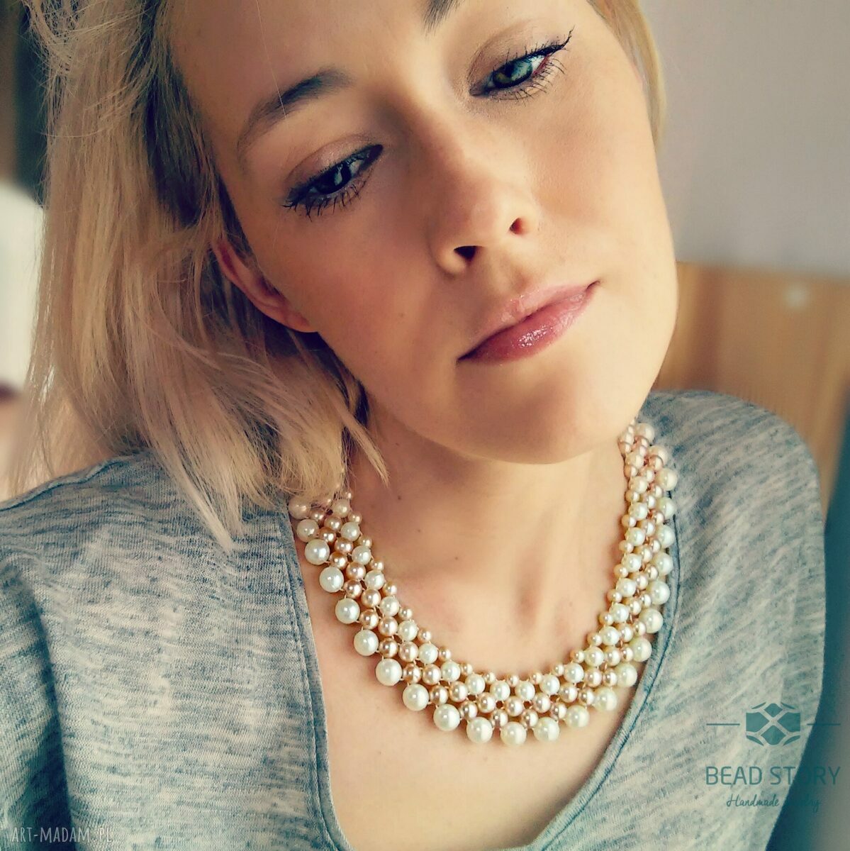 Naszyjnik Elizabeth - kołnierzyk z perłowych korali ecru i beżu