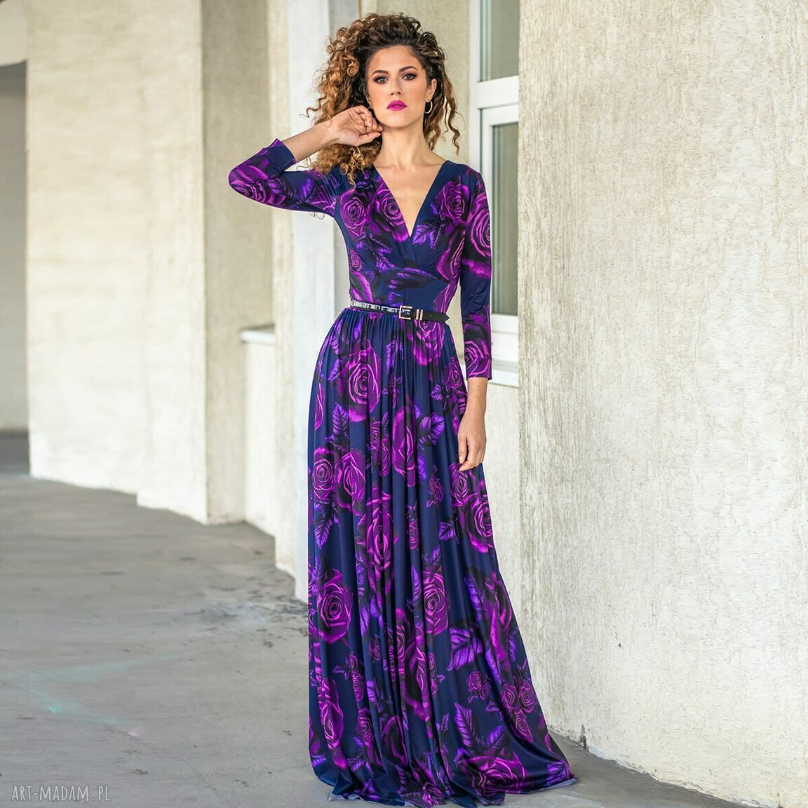 Elle - magic rose - elegancka sukienka na wieczór z kopertowym dekoltem