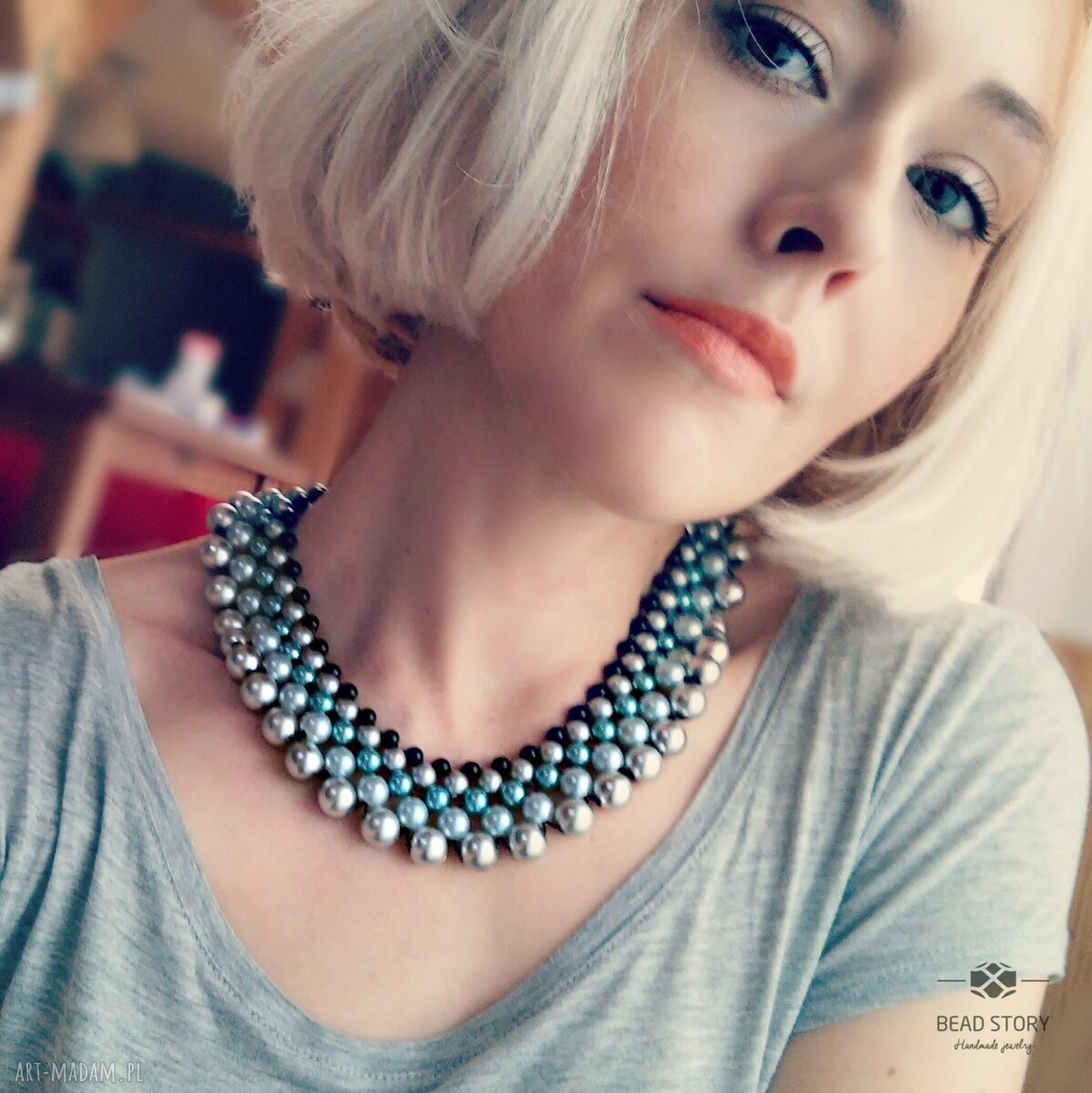 Naszyjnik Emma - elegancka kolia z turkusem, czernią i perłowym blaskiem