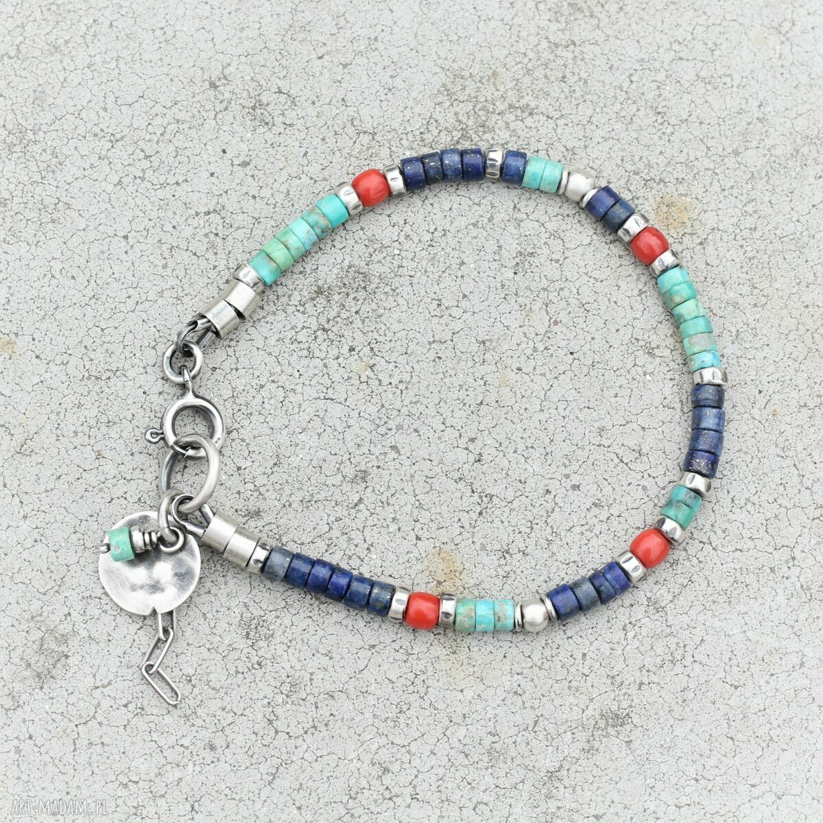 Etniczna bransoletka VIII - srebro, turkus afrykański, lapis lazuli i koral (19 cm)