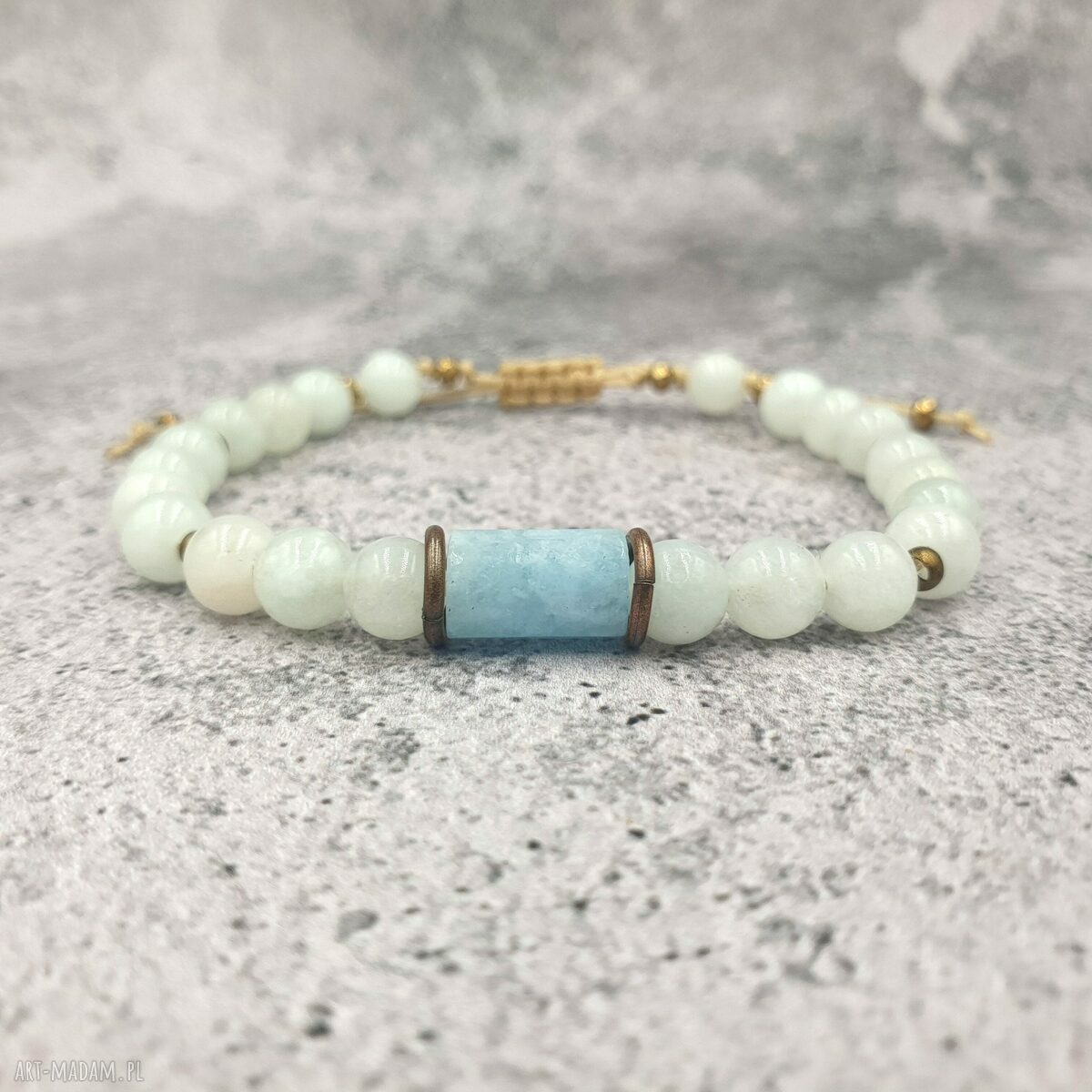 Bransoletka makrama z angelitem i jadeitem - etno boho od Omnis Lapis