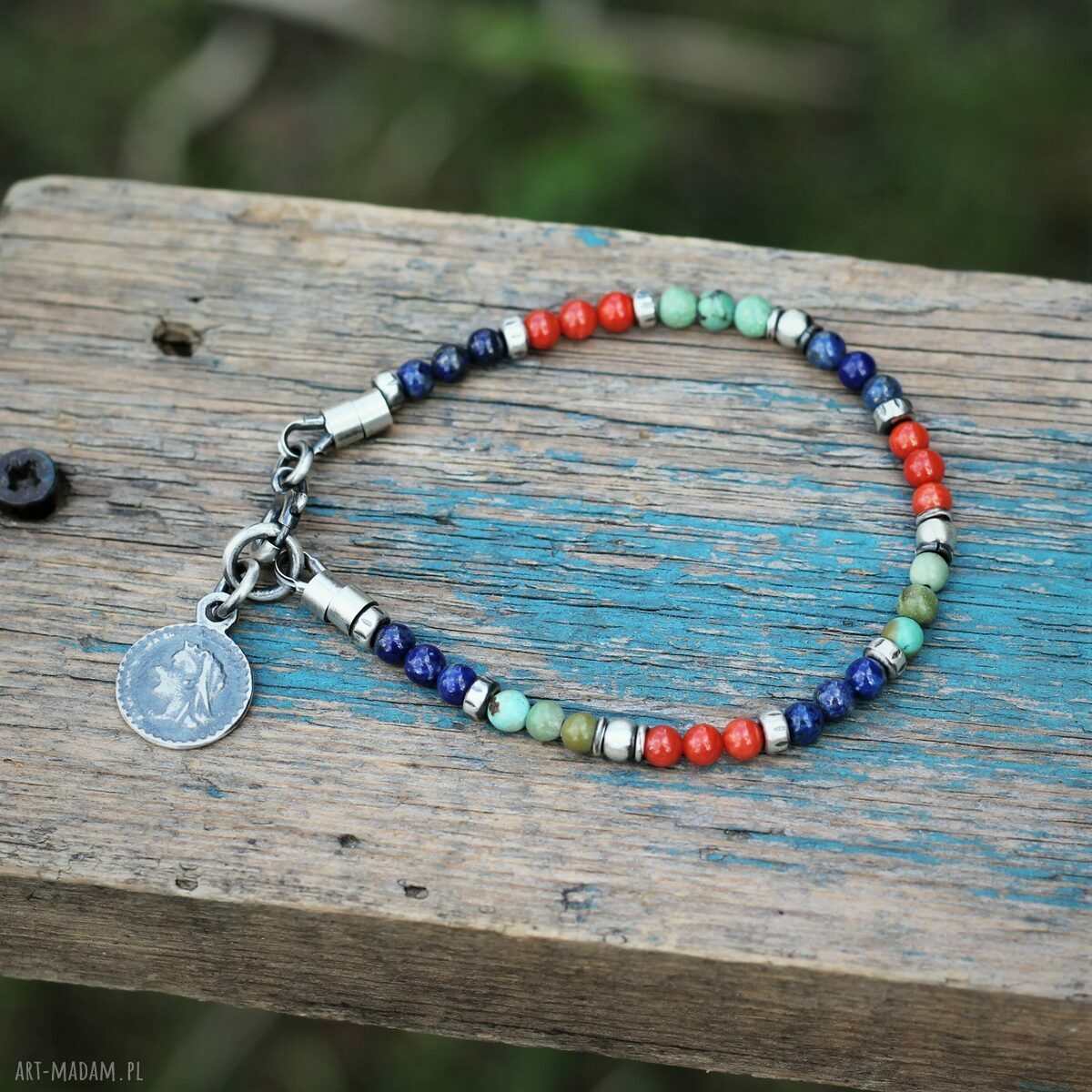 Etniczna bransoletka IX z turkusem, lapis lazuli i oksydowanym srebrem 925