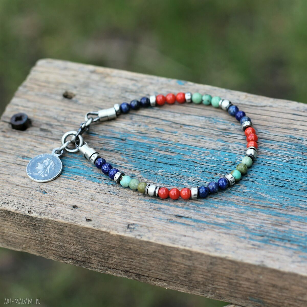 Etniczna bransoletka IX z turkusem, lapis lazuli i oksydowanym srebrem 925