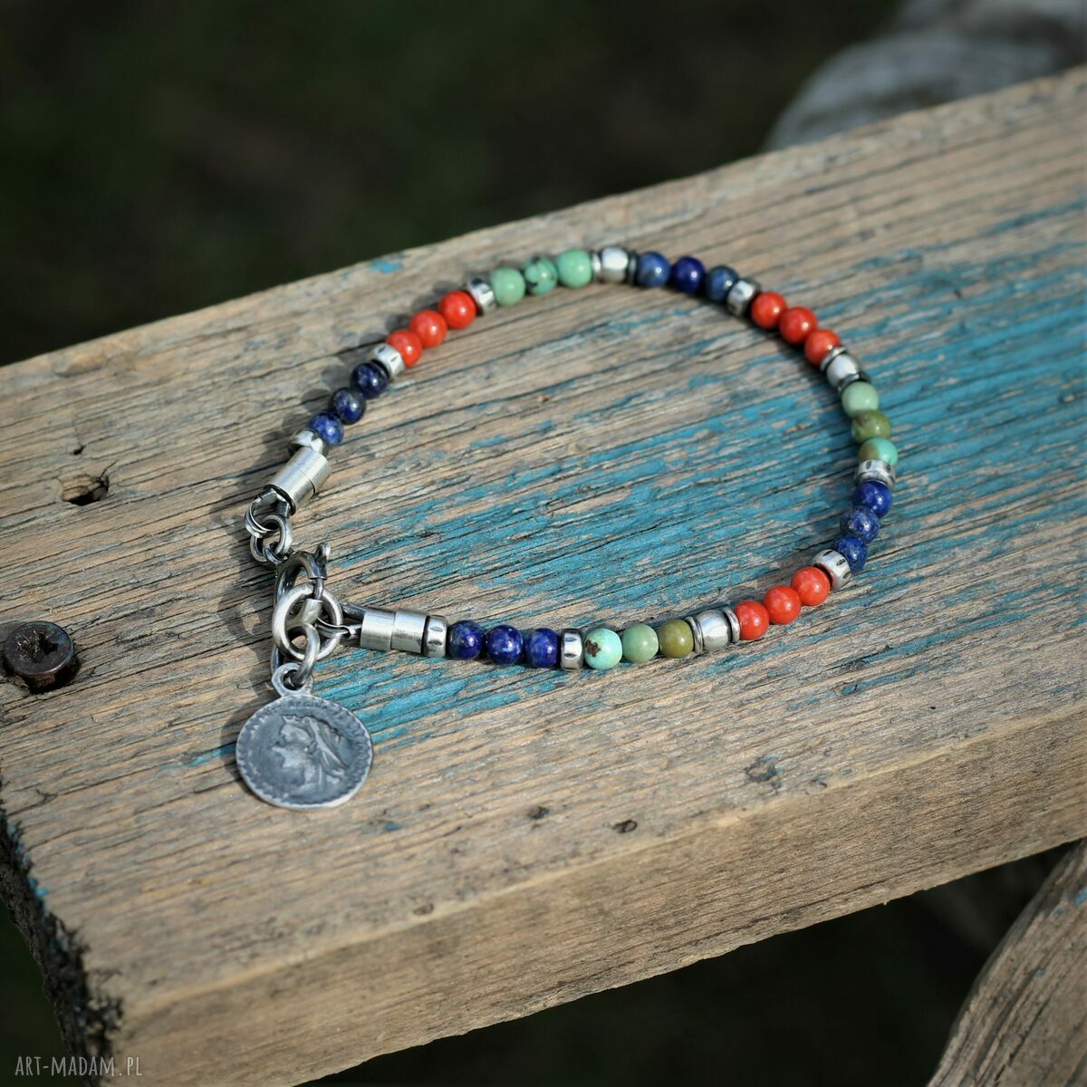 Etniczna bransoletka IX z turkusem, lapis lazuli i oksydowanym srebrem 925