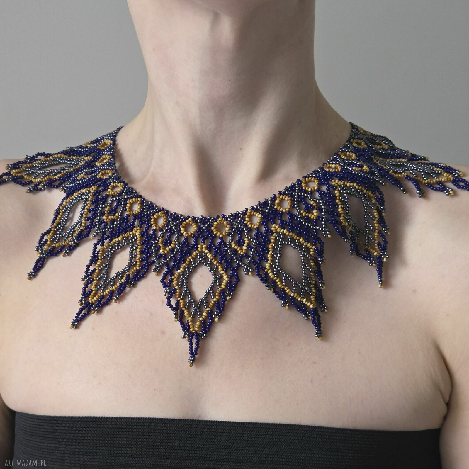 Etniczny naszyjnik 'Azure & Gold' - kolia z koralików szklanych