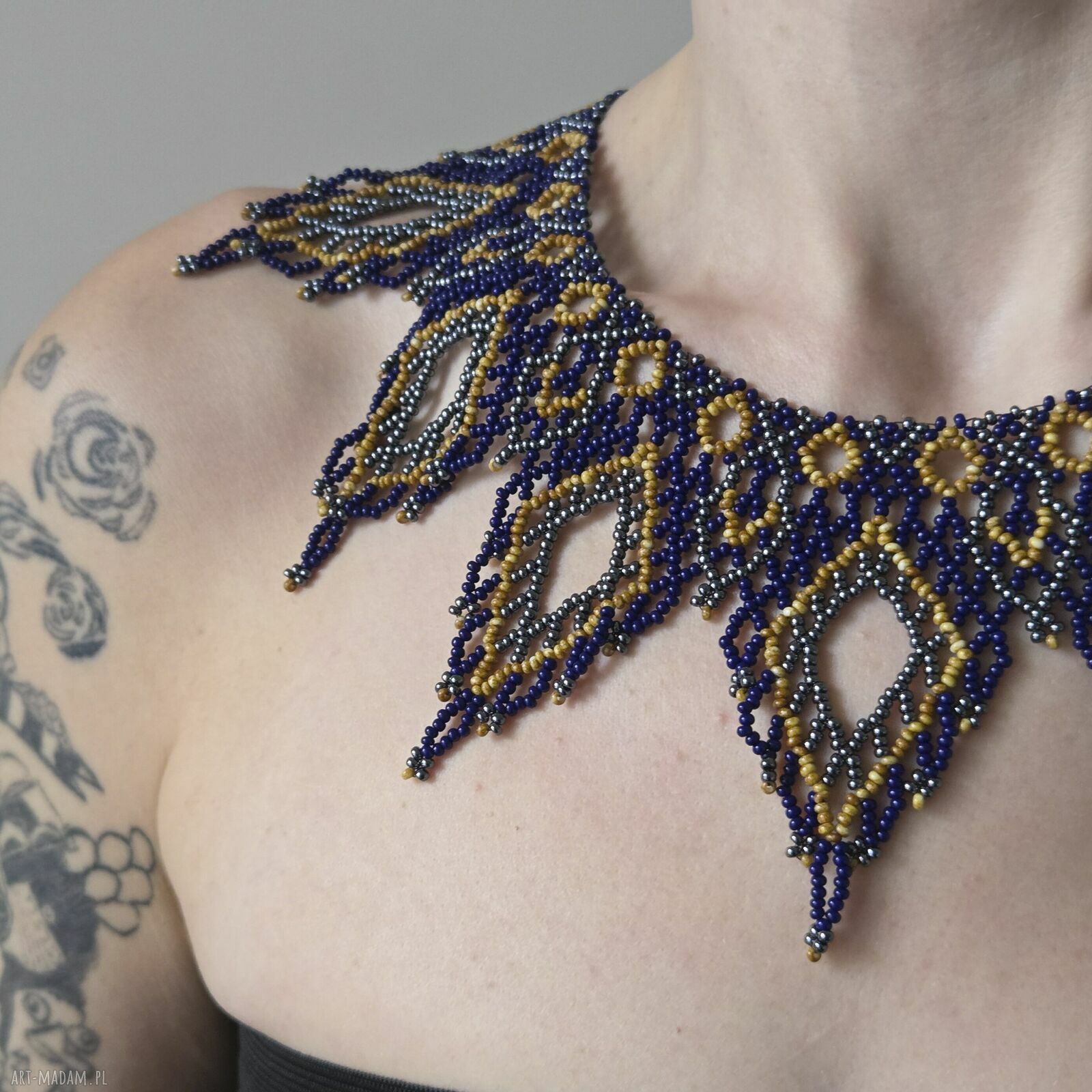 Etniczny naszyjnik 'Azure & Gold' - kolia z koralików szklanych