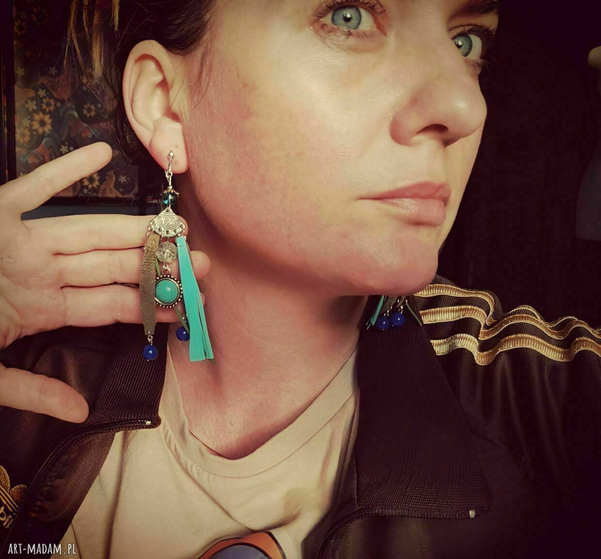 Klipsy etno boho folk Frida - długie pióra i chwosty na klipsach