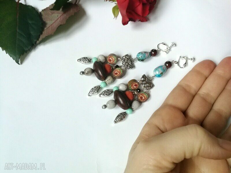Klipsy etno boho wiszące handmade - chwosty i folkowy klimat