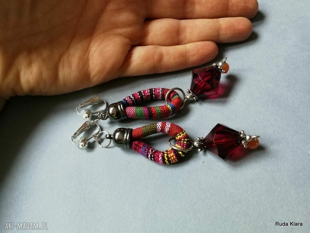 Kolorowe klipsy etno boho Lina Box X1 - lekkie, handmade Ruda Klara