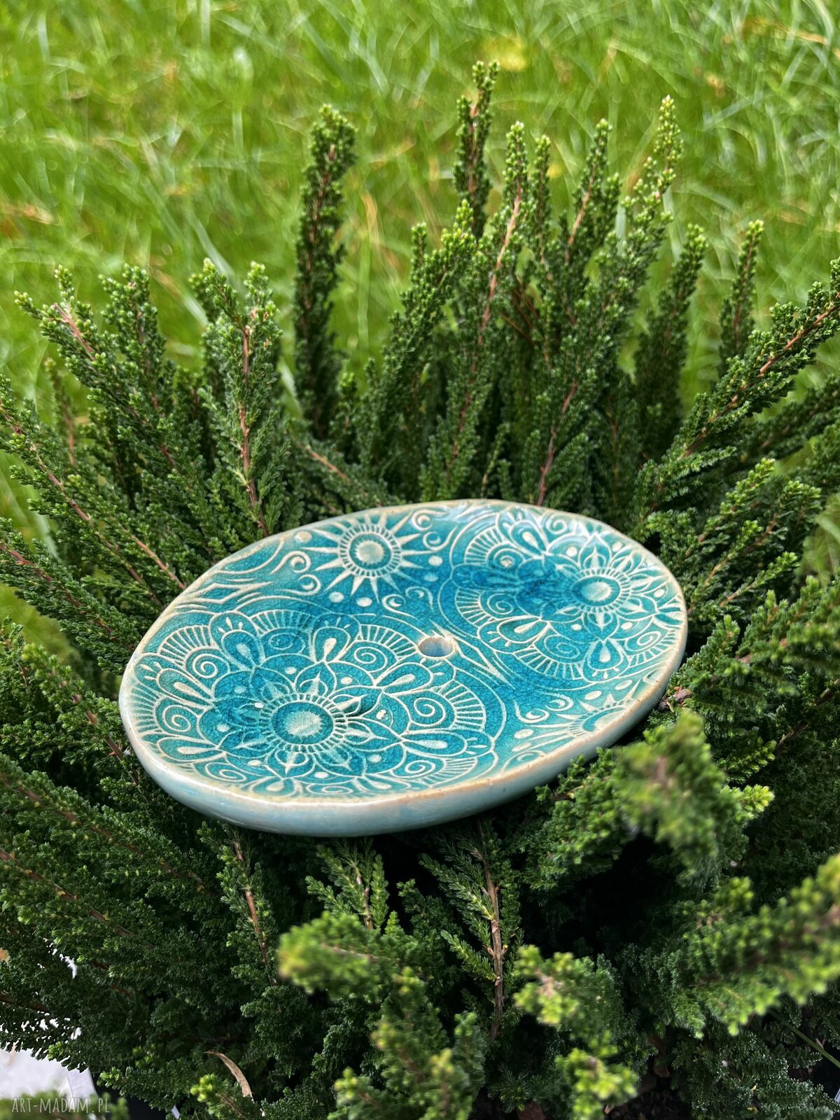 Turkusowa ceramiczna mydelniczka w stylu etno