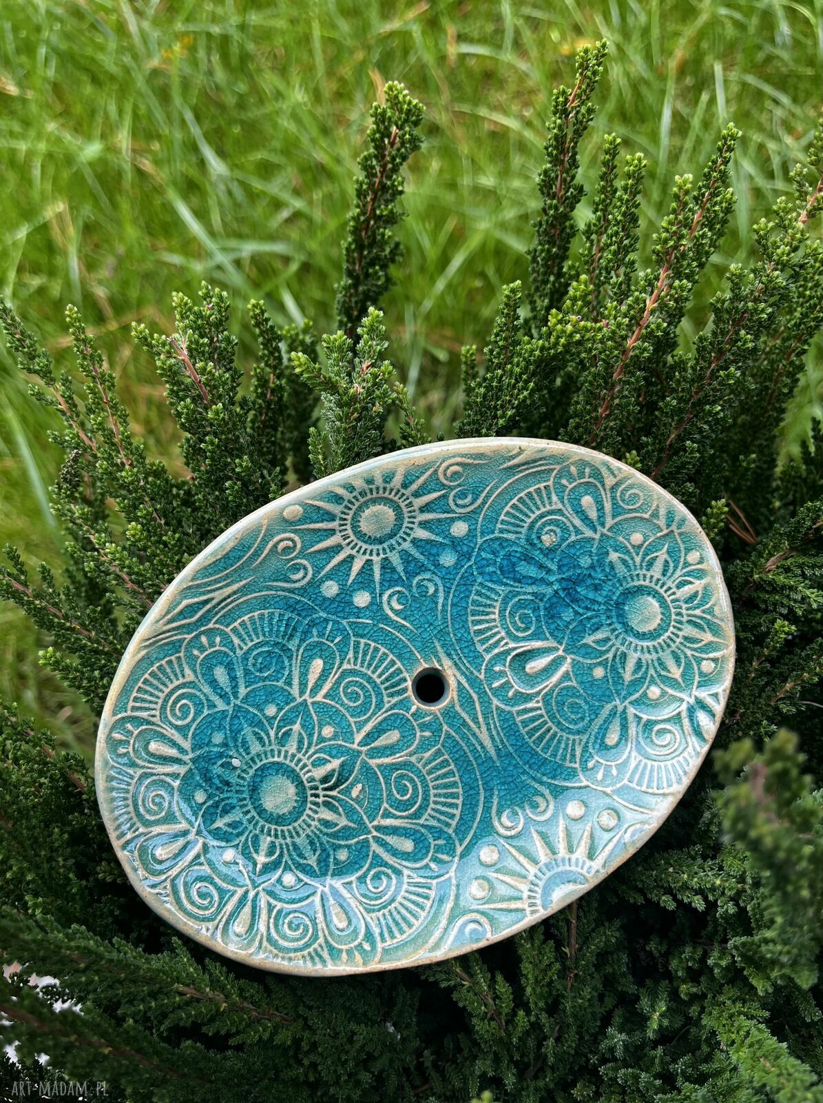 Turkusowa ceramiczna mydelniczka w stylu etno