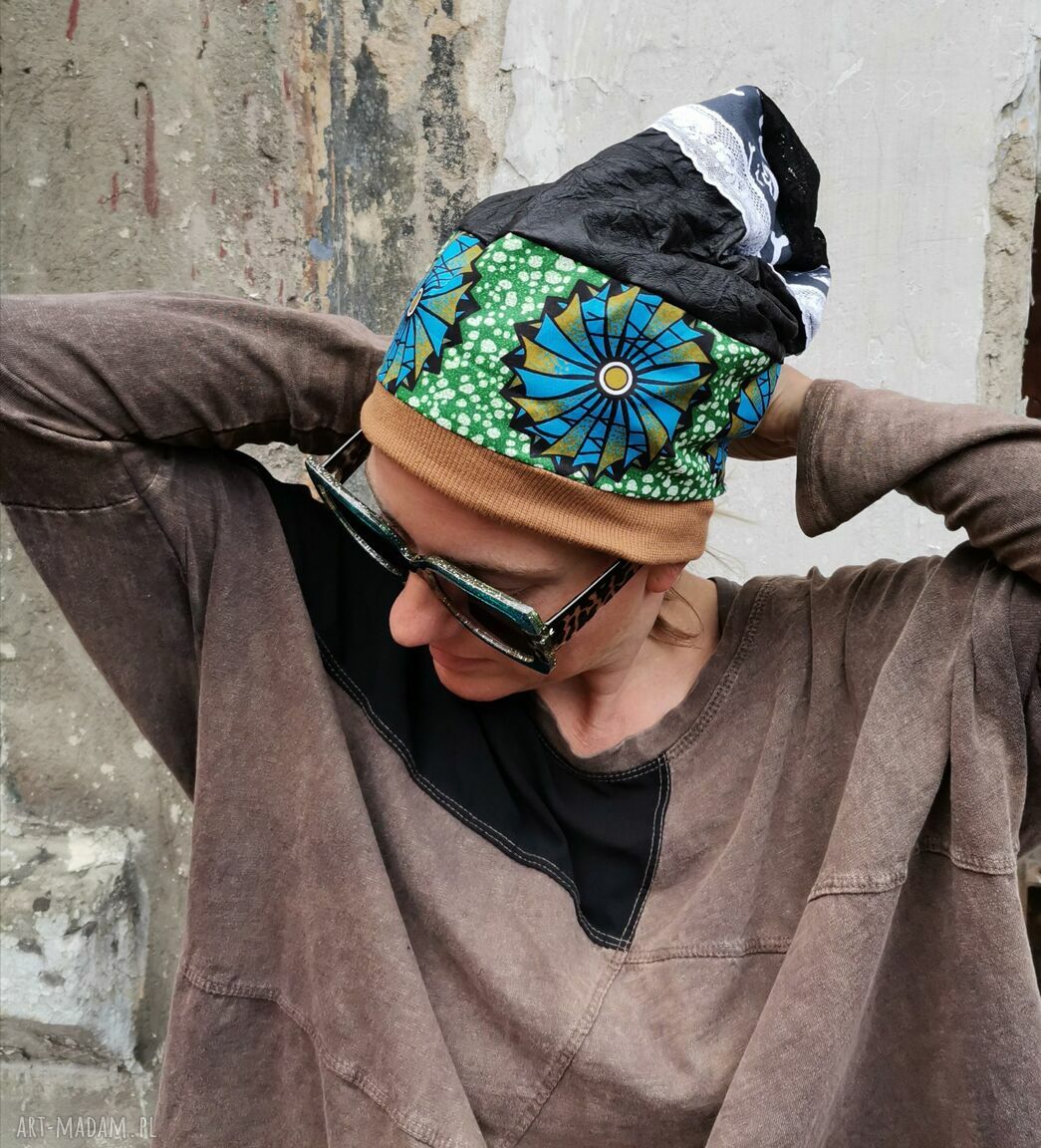 Czapka etno boho smerfetka kolorowa na podszewce - wiosenno-letnia turban