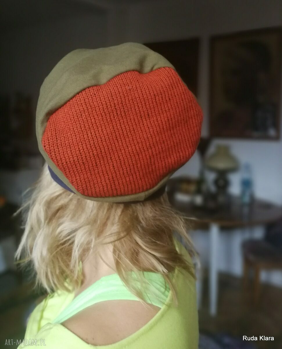 Czapka etno boho zielono-szaro-ruda na podszewce - ręcznie dziana 59-60 cm