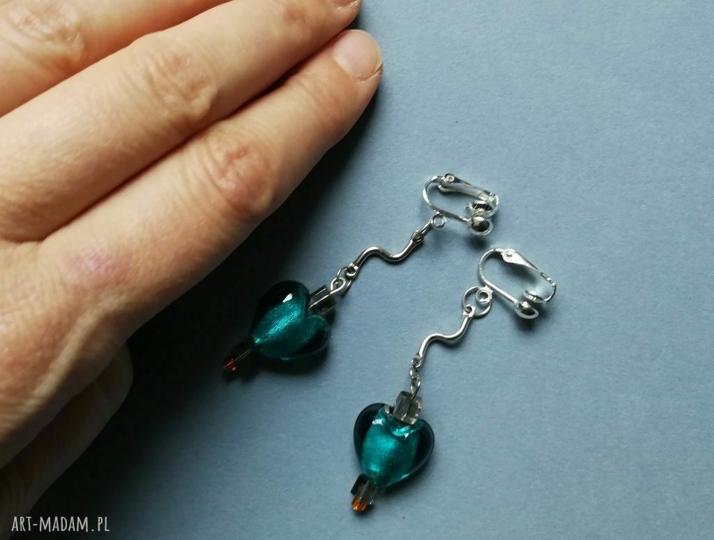 Etno boho klipsy z turkusowym sercem ze szkła - handmade