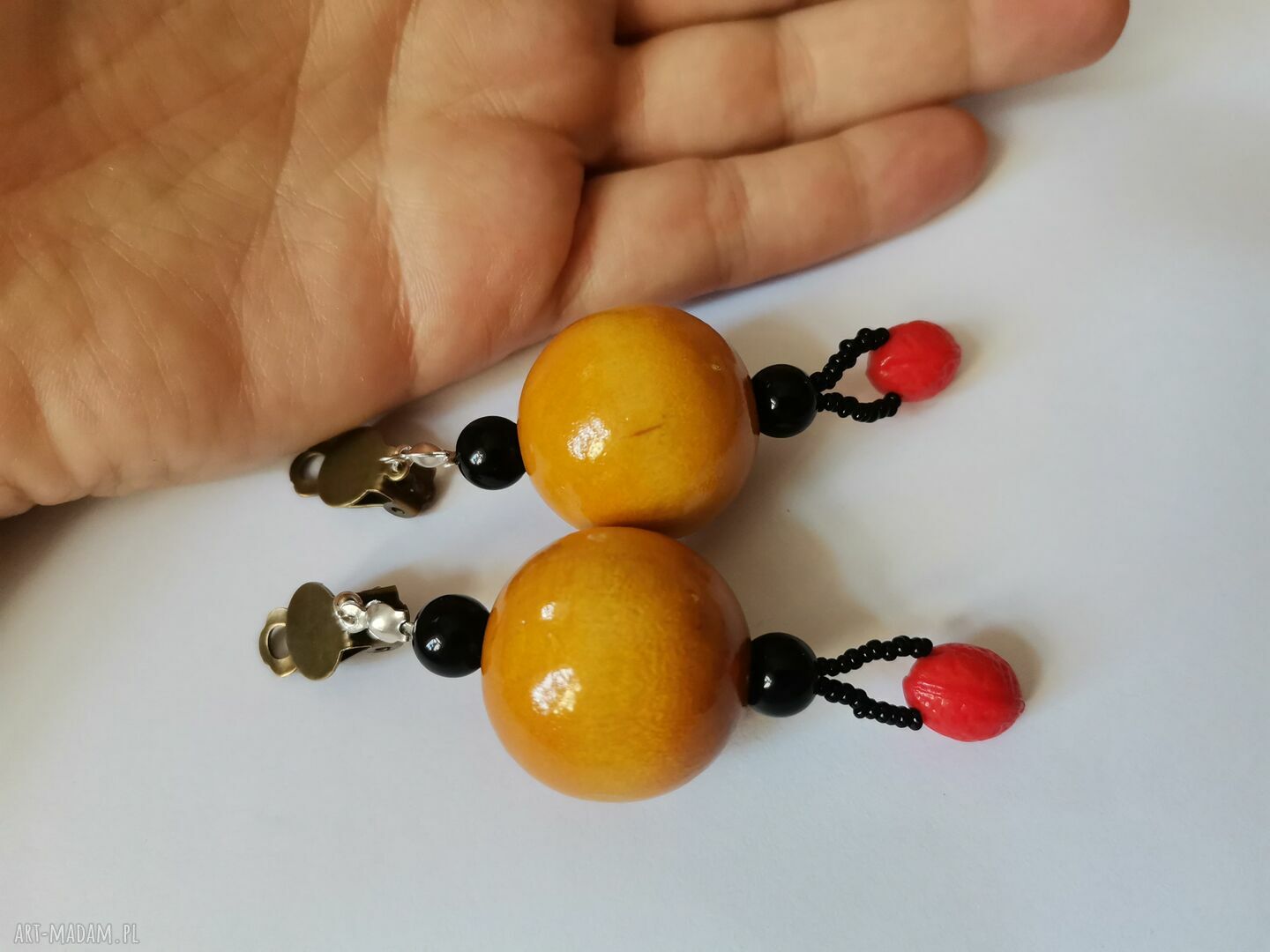 Autorskie klipsy etno-boho Ruda Klara - kolorowe drewno folk (box x1)