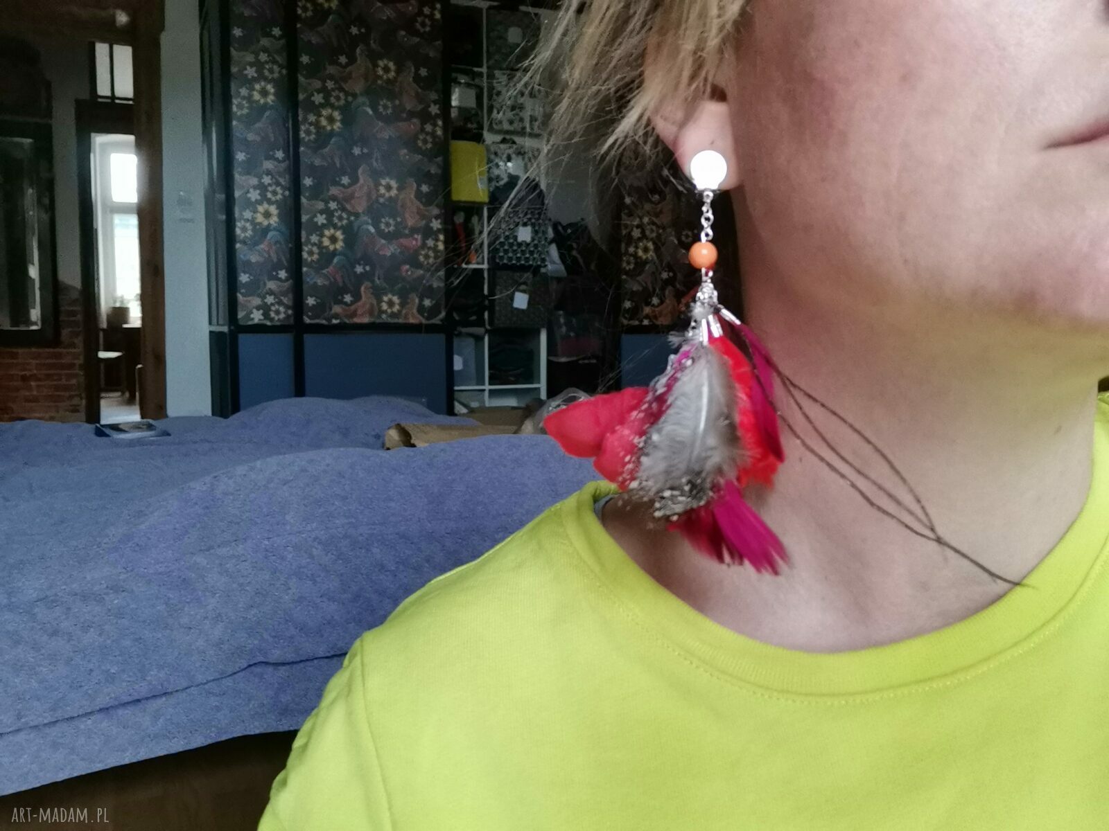 Klipsy etno boho folk - pióra i kwiaty, ręcznie robione