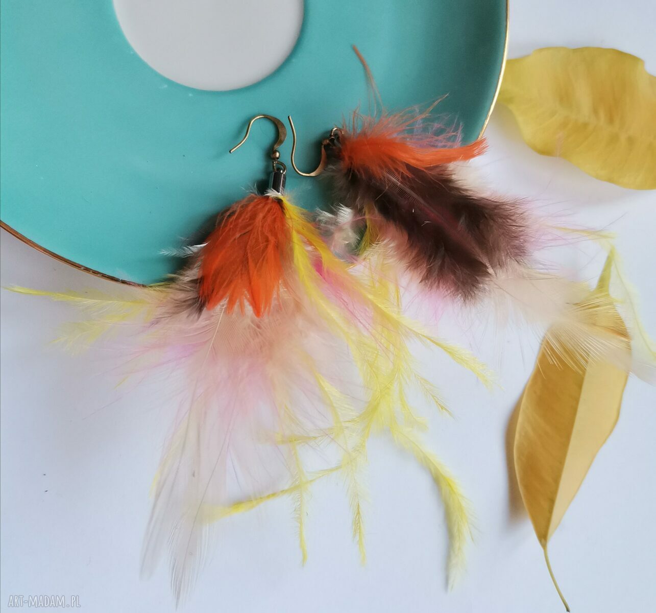 Kolczyki etno boho folk z piórami - róż, żółć i brąz