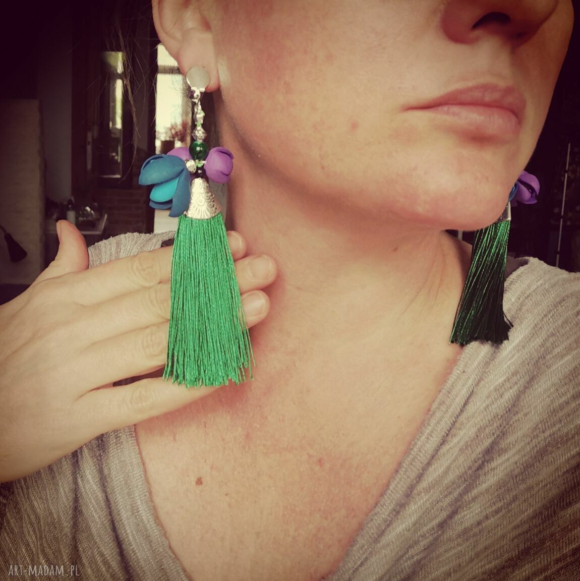 Klipsy etno boho z chwostami - frędzle handmade na ślub i folk