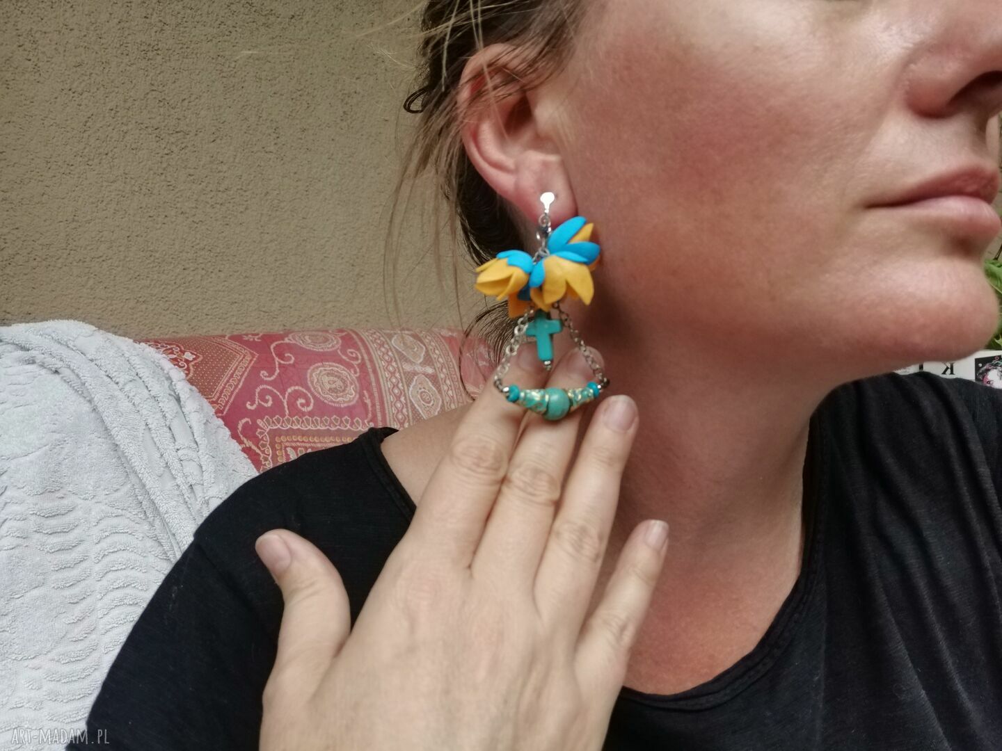 Klipsy etno boho wiszące kwiaty orient - klipsy handmade na uszy bez przekłuwania