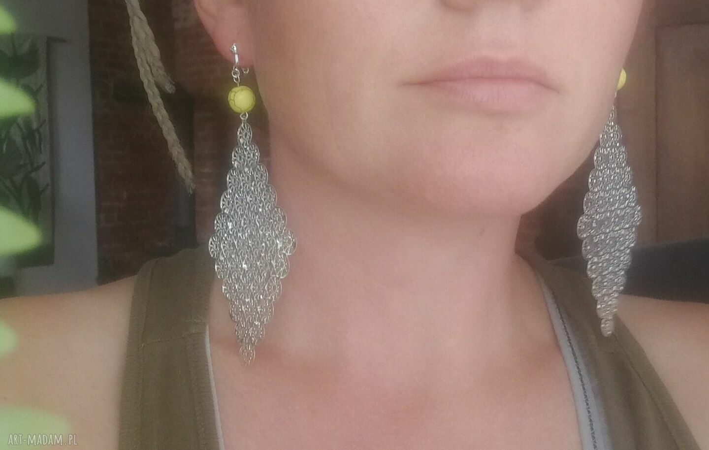 Ręcznie robione żółte klipsy boho etno folk - lekkie i długie