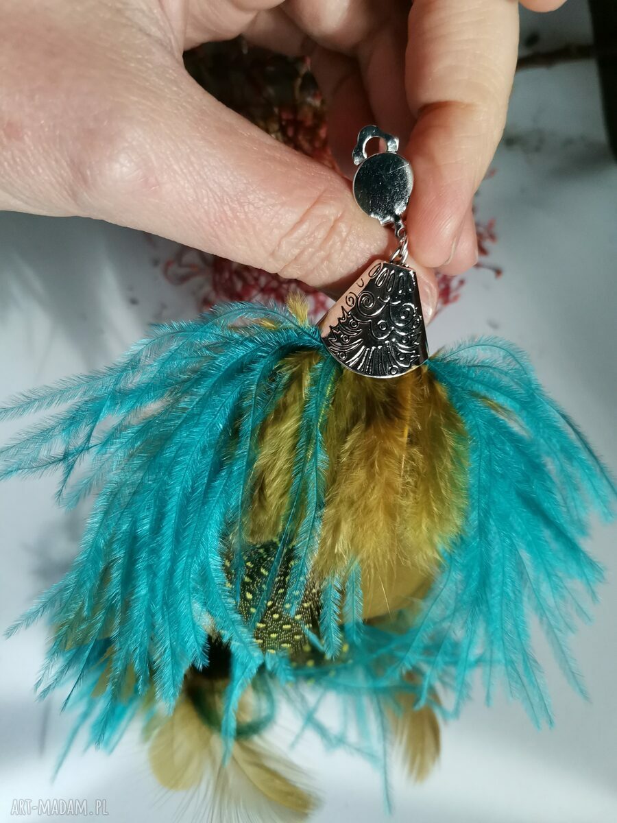 Klipsy etno boho pióra na klipsach - Frida od Ruda Klara