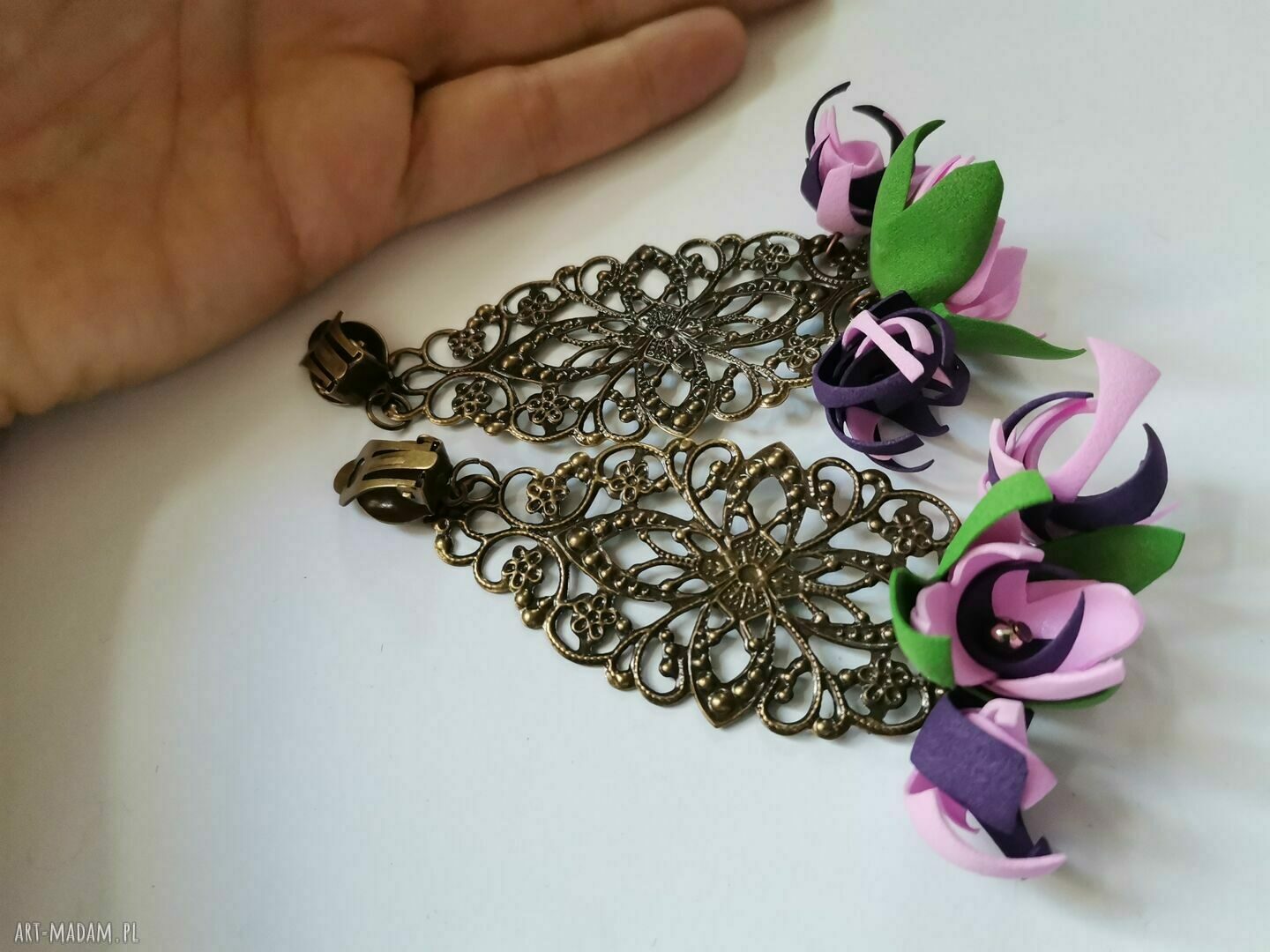 Klipsy etno boho folk Frida - kwiaty na klipsach (handmade)