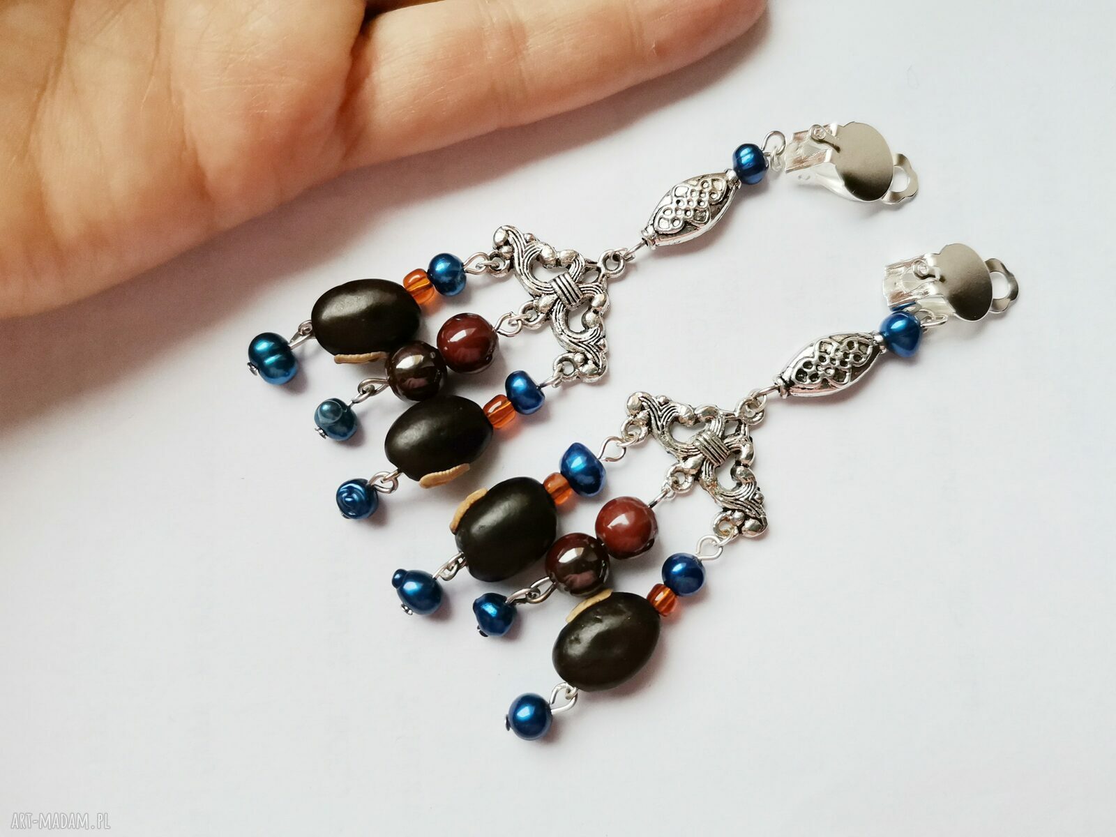 Klipsy etno boho wiszące minerały - handmade klipsy dla kobiet