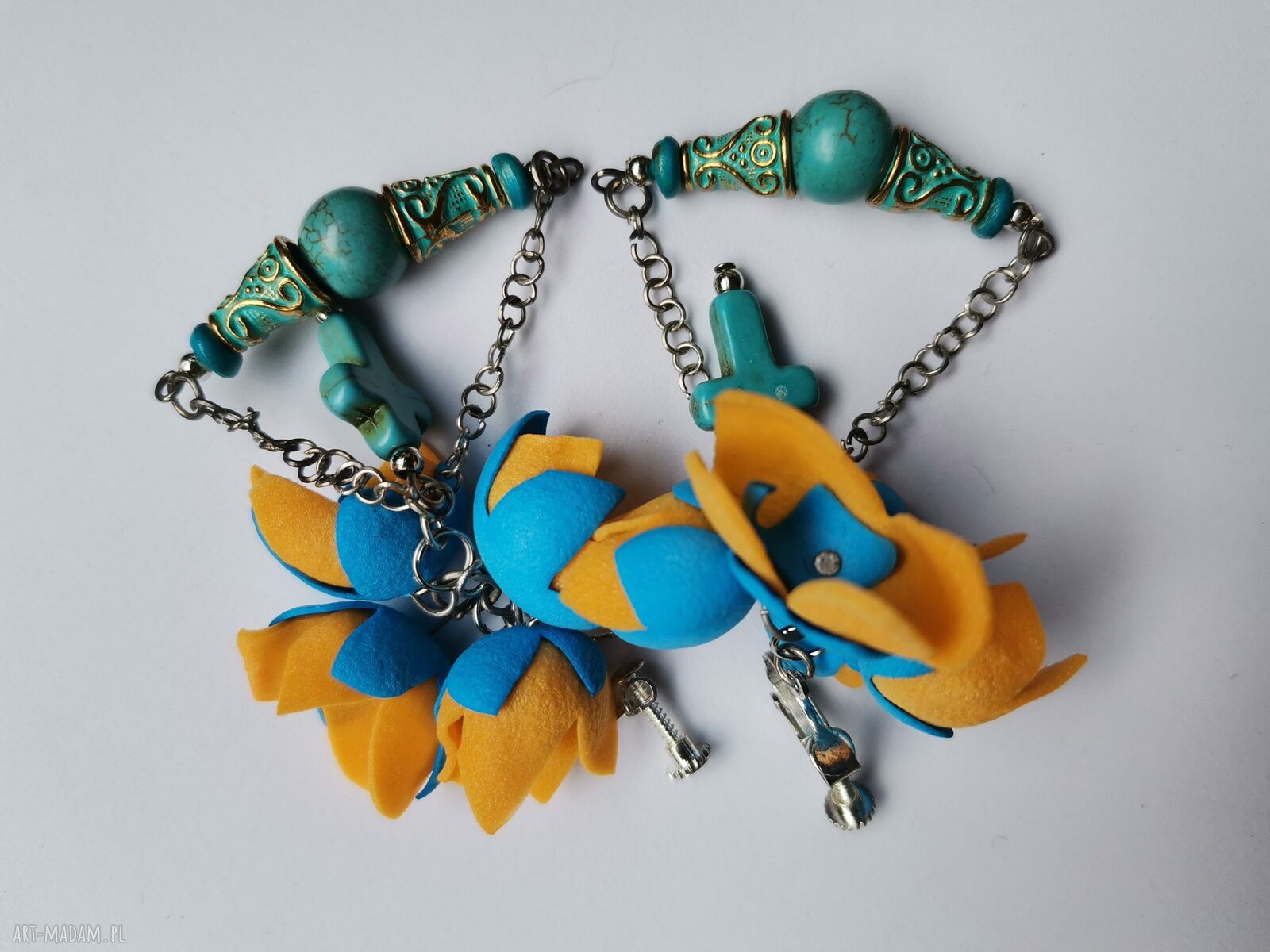 Klipsy etno boho wiszące kwiaty orient - klipsy handmade na uszy bez przekłuwania