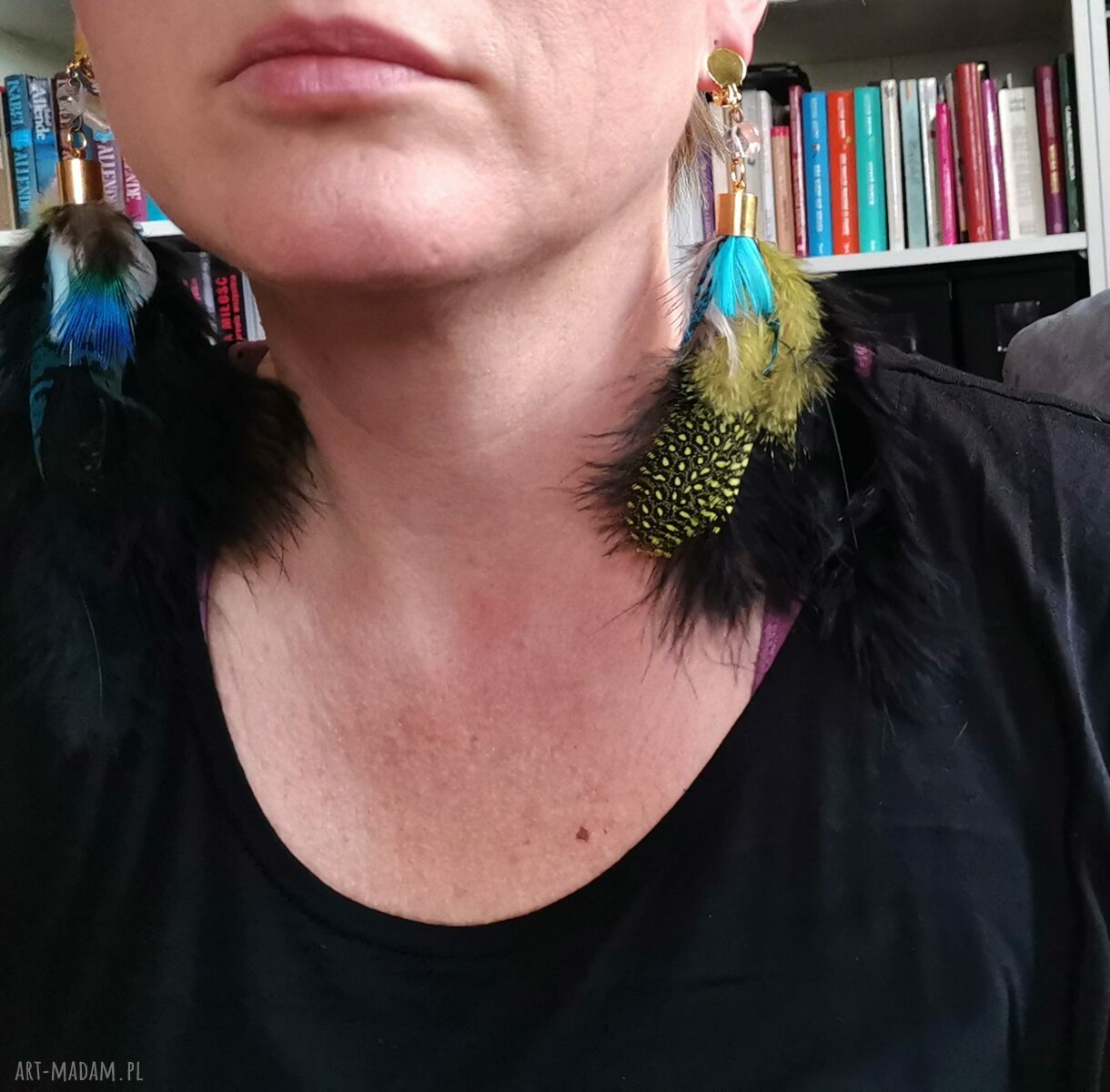 Klipsy etno boho folk z piórami i kryształem górskim
