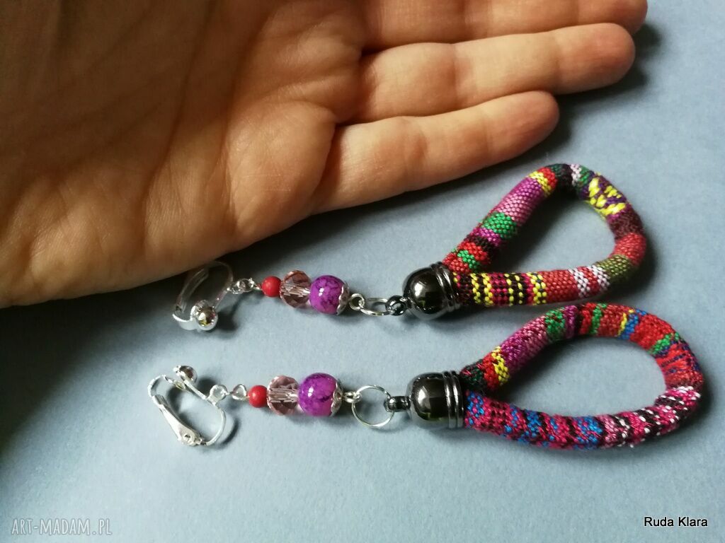 Klipsy etno boho handmade - paski folk z liną